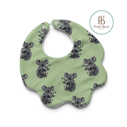 Organic Baby Scallop Bib – Koala Print / Sage Green | Handmade in Australia – PREORDER