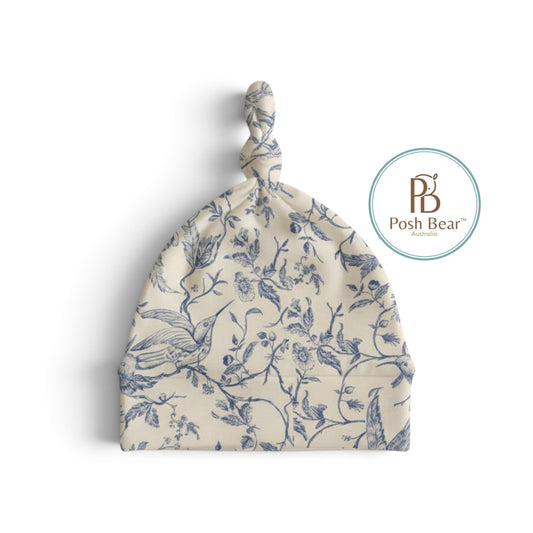 Organic Baby Knotted Beanie – Toile de Jouy Bird Print | Handmade in Australia – PREORDER