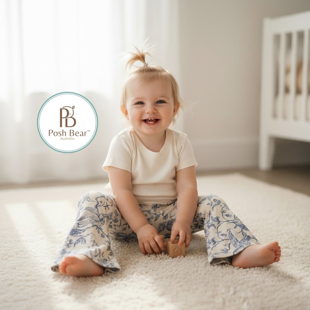 Handmade Organic Baby Flare Leggings – Toile de Jouy Print | Handmade in Australia – PREORDER