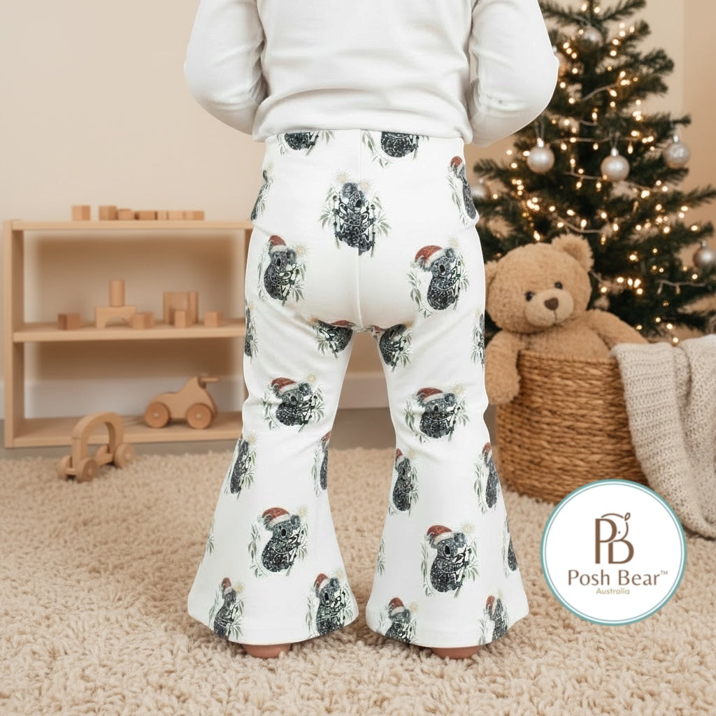 Handmade Organic Baby Flare Leggings – Christmas Koala Print | Handmade in Australia – PREORDER