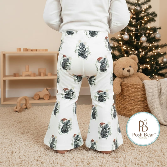 Handmade Organic Baby Flare Leggings – Christmas Koala Print | Handmade in Australia – PREORDER