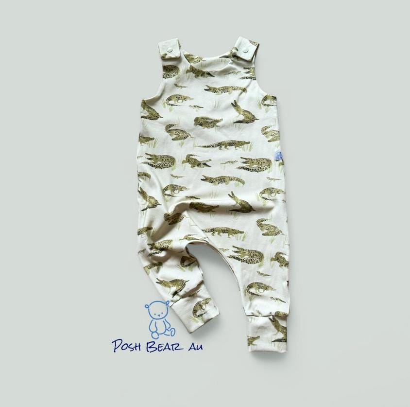 Handmade Organic baby Harem Romper / Crocodile