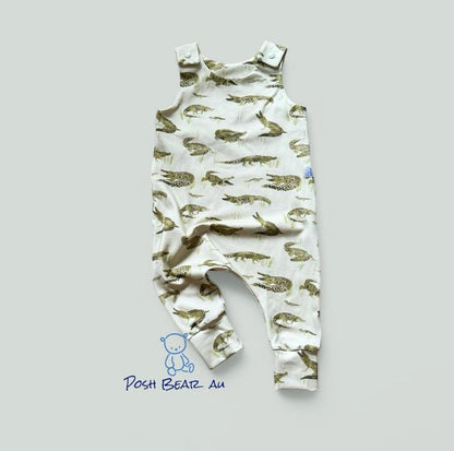 Handmade Organic baby Harem Romper / Crocodile