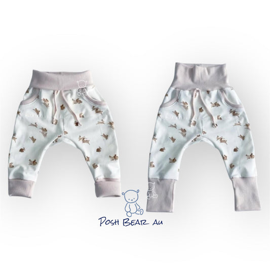 Handmade Organic Grow With Me Joggers with Kangaroo Pocket – Bunny