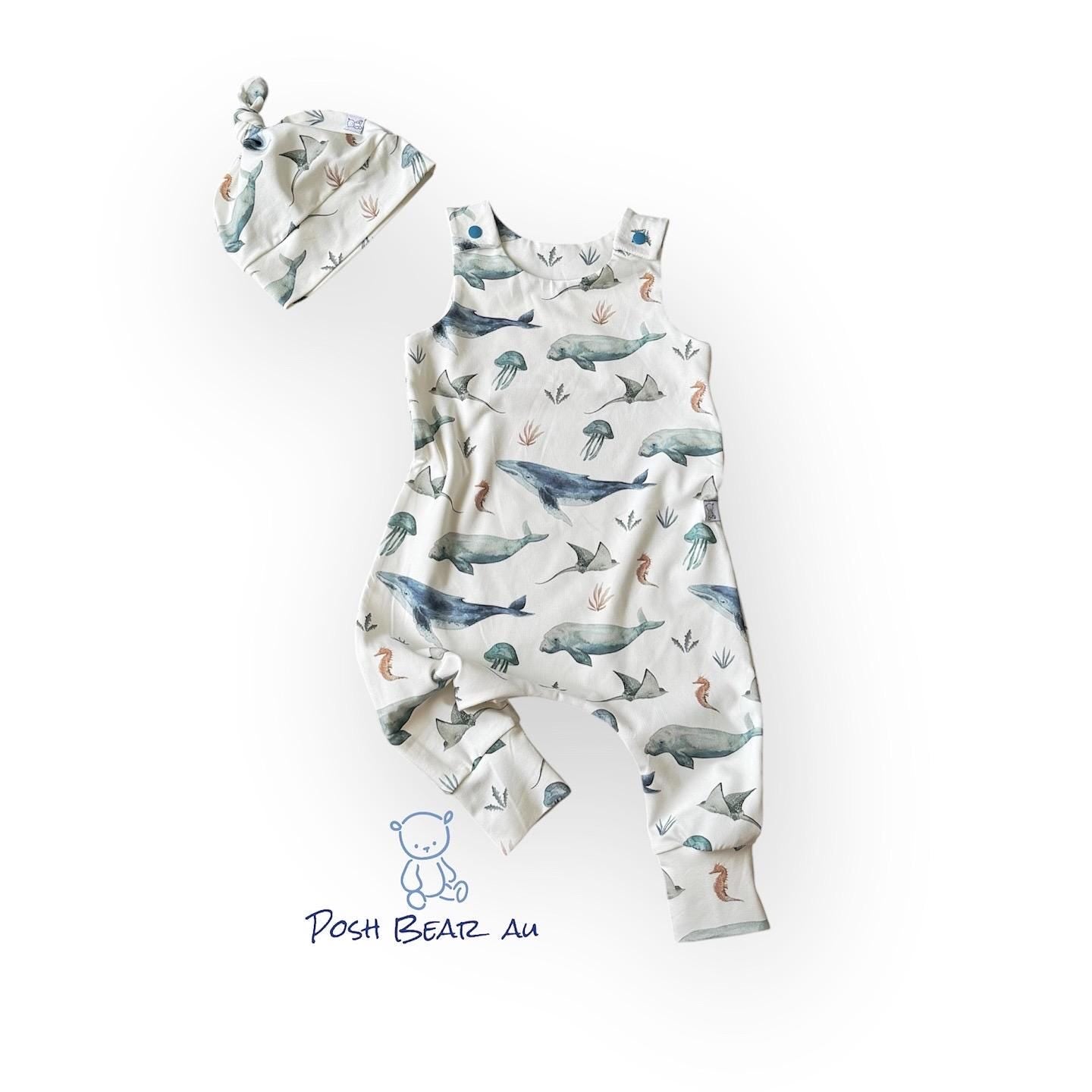 Handmade Organic baby Harem Romper / Deep Sea Life