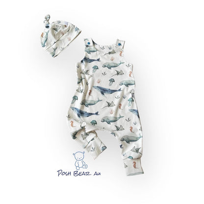 Handmade Organic baby Harem Romper / Deep Sea Life
