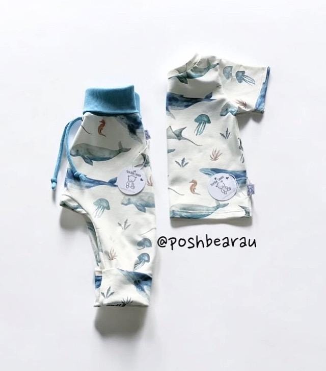 Handmade Organic Grow With Me Joggers with Kangaroo Pocket – Deep Sea Life