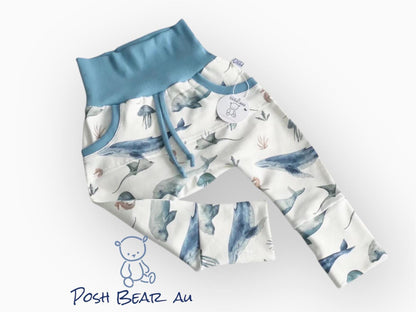 Handmade Organic Grow With Me Joggers with Kangaroo Pocket – Deep Sea Life