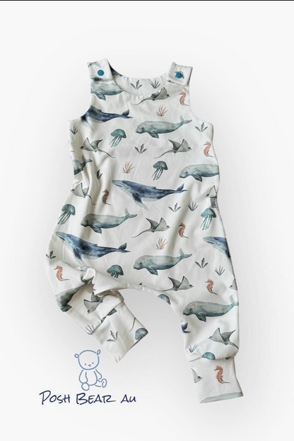 Handmade Organic baby Harem Romper / Deep Sea Life