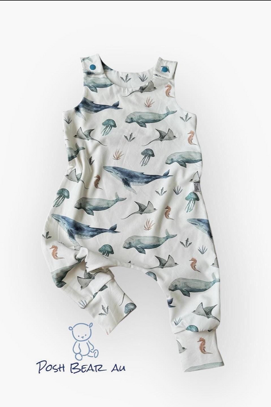 Handmade Organic baby Harem Romper / Deep Sea Life