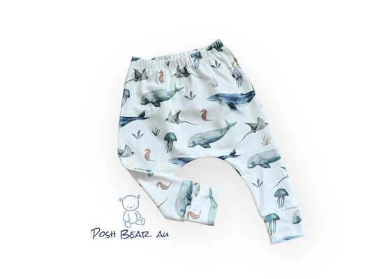 Handmade Organic baby Slim fit Harem pants / Deep Sea Life