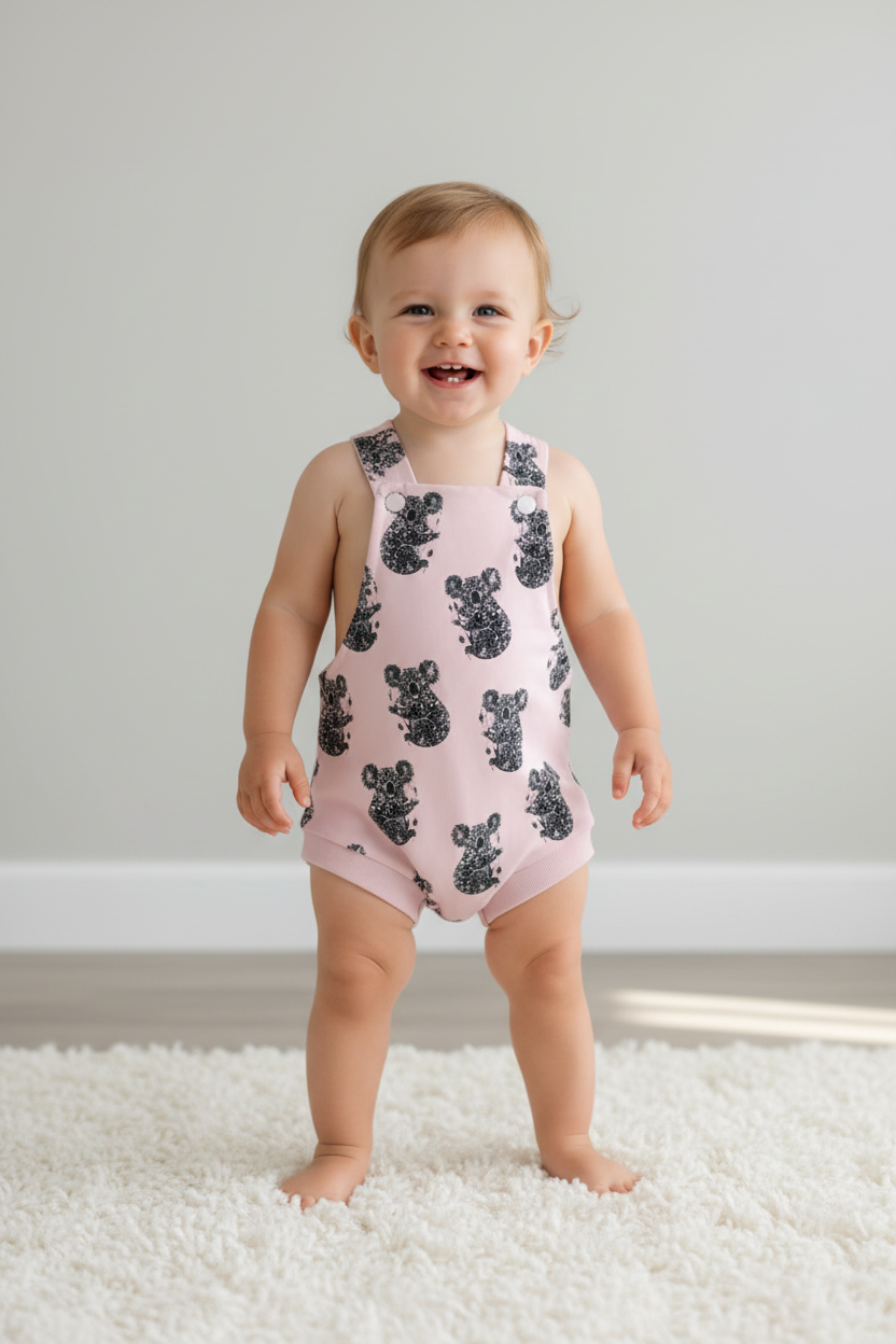 Toddler standing in pink koala romper